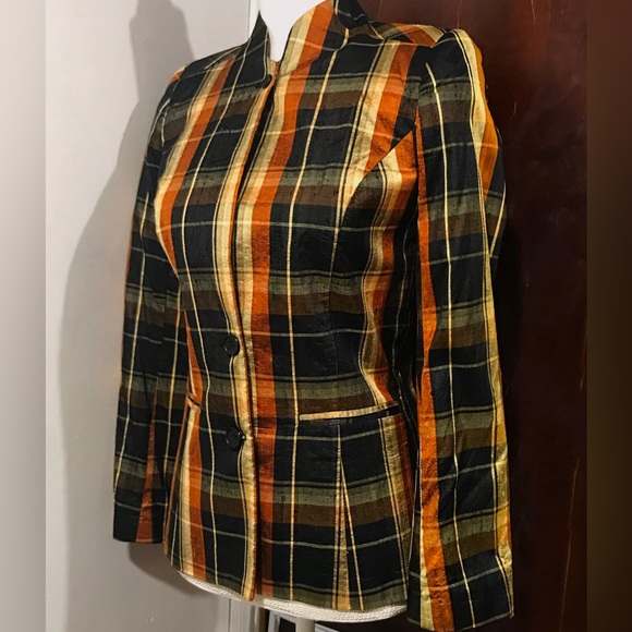 VINTAGE SILK WOVEN PLAID THIN JACKET BLACK METALLIC GOLD EXTRA SMALL - Picture 3 of 7
